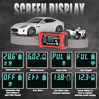 COREBOX Chargeur de batterie 6 A 12 V Chargeur de batterie de voiture Chargeur intelligent 12 V, chargeur de maintien, mainteneur de batterie Désulfateur avec compensation de température pour voiture