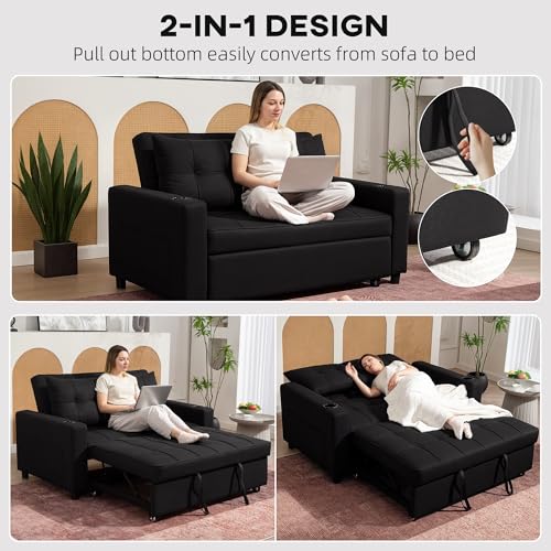 Homcom Linen-Look 2 Seater Sofa Bed With Storage Pockets - Black - 4