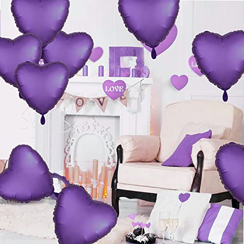 Image of Purple Heart Balloon, 10PCS Purple Foil Heart Balloons, 18inch Metallic Purple Heart Shape Foil Balloons for Helium Birthday Party Decorations for Brithday Party, Valentines Day, Wedding, Anniversary