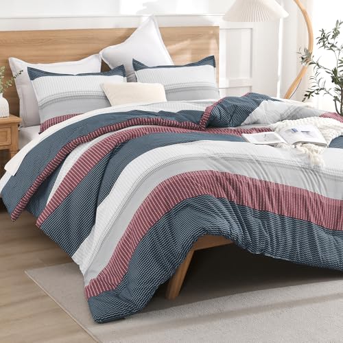 Litanika Comforter Set California King Size Red Blue - 3 Pieces Lightweight Colorblock Stripe Fluffy Bedding Comforter Sets, All Season Bed Set