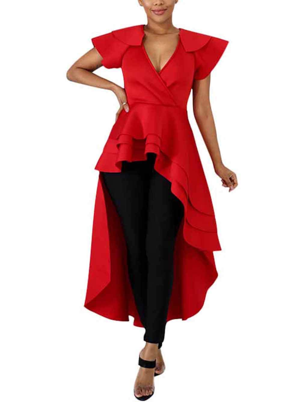 ThusFarWomen's Sexy Wrap Deep V Neck Cap Sleeve Layer Peplum Ruffle High Low Tops Blouse Shirt Homecoming Party Dress