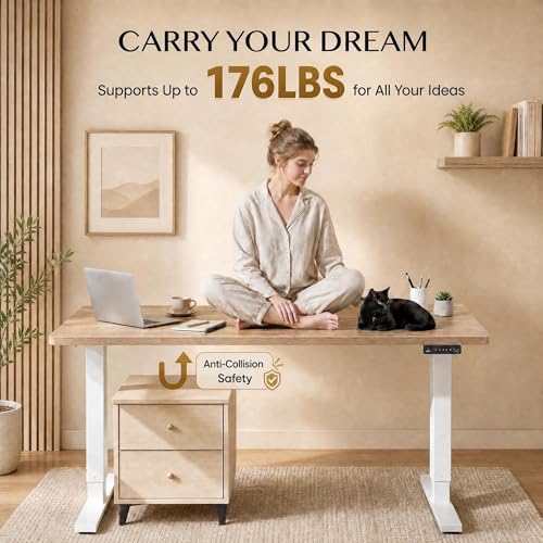 Image of Grandder 63x32 Large Electric Standing Desk, Height Adjustable Computer Desk with 2 Memory Presets, 31.5 inch Deep Desktop Sit Stand Desk Home Office Desk Workstation Table with Hooks, Light Walnut