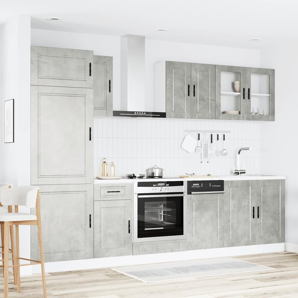 ACAGALA Set di mobili da cucina, 8 pezzi, blocco da cucina regolabile, in legno grigio cemento, angolo cottura da incasso, cucina completa, mobiletto da cucina, armadietto da cucina, pensile, senza