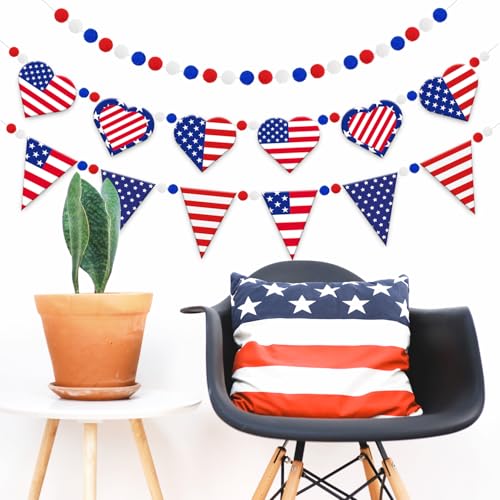 Image of Doumeny 3Pcs Independence Day Felt Garland Patriotic Heart Felt Banner American Flag Pennant Bunting USA Red White and Blue Pompom Bunting 4th of July Party Banner for Home Wall Mantel Fireplace Decor