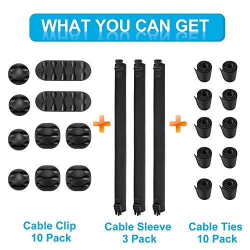 23 Cord Management Organizer Kit 3 Cable Sleeve with 10 Self Adhesive Black Cable Clip Holders and 10 Reusable Wire Fastening Cable Ties for TV Computer Office Home Wraps Wire Hider System with Zipper
