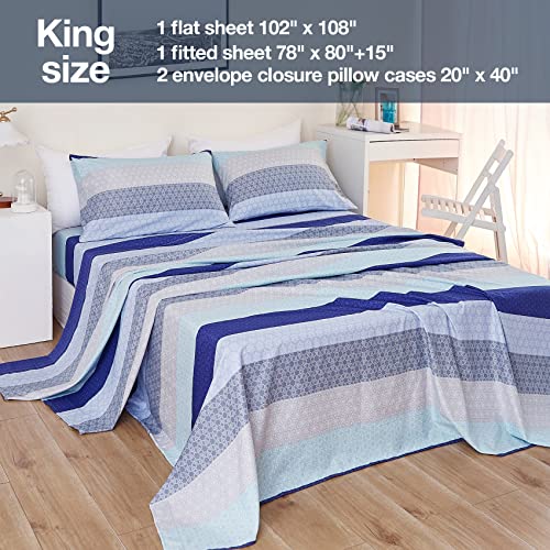 Image of JSD Neutral Striped Printed King Sheet Set Extra Deep Pocket | 4 Piece Soft Microfiber Sheets, OEKO-TEX Certified, Easy Care