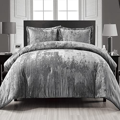 Fredsure Crinkle Velvet Comforter Set, 3 Pieces Grey King, Crinkle Velvet Face and Brushed Microfiber Reverse