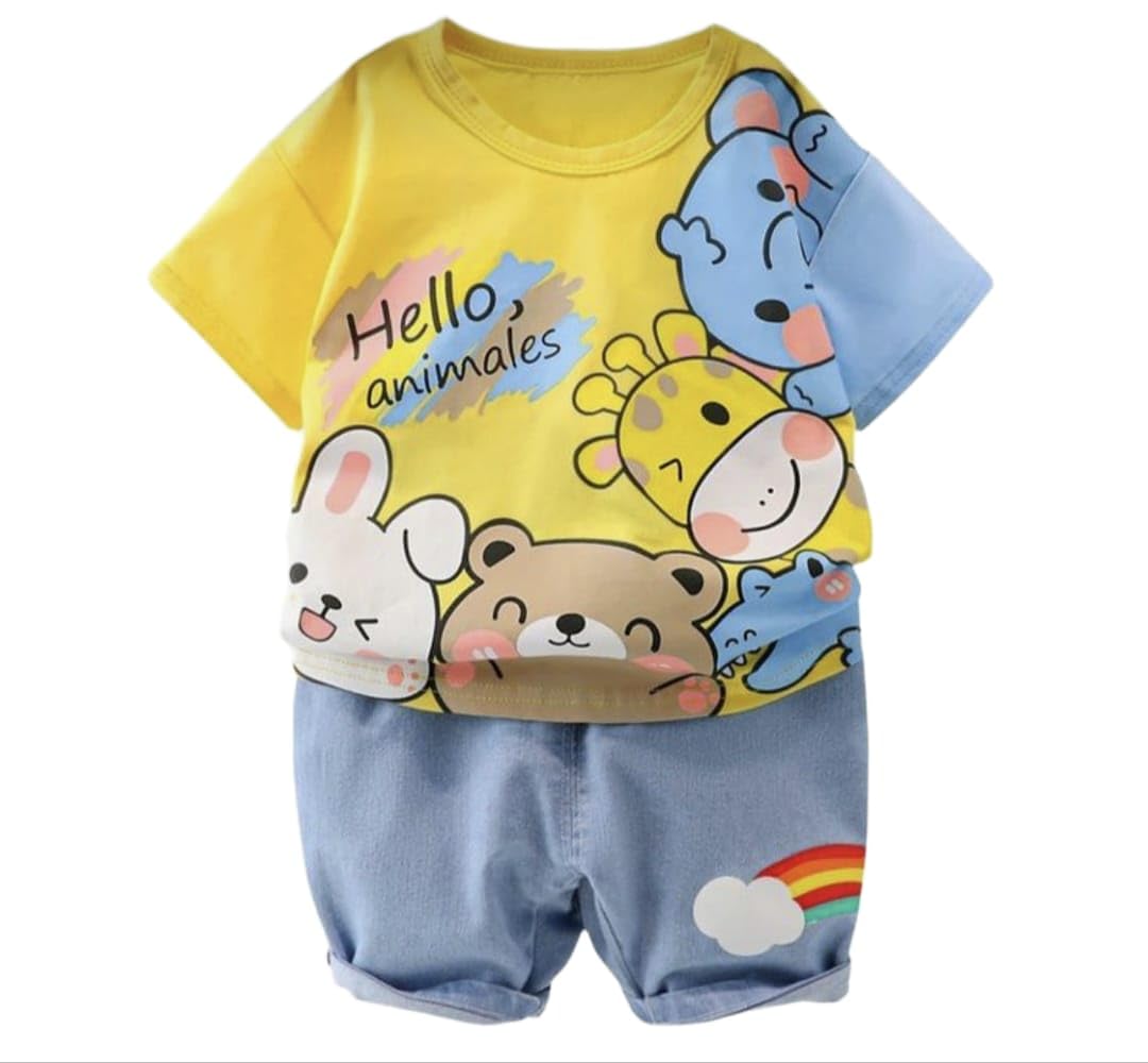 GenericI.T T-shirt and Denim Short Set for Baby Boys & Baby Girls, Hosiery Cotton Printed Half Sleeves Clothing Set for Kids