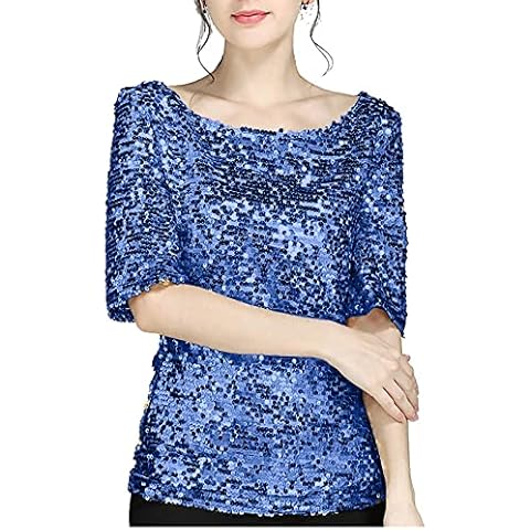 MUMEOMU Sparkly Sequin Top for Women UK - Ladies Shimmer Round Neck Short Sleeves Blouse Sparkle Glitter Blouson Metallic Party Retro Holiday Evening New Years Eve Dressy Tops B-Blue Cover