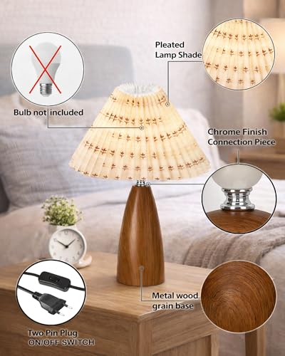 Image of Homesake Wood Grain Pattern Small Table Lamp, Desk Light, Wooden Bedroom Lamps for Nightstand, Scalloped Lamp Shade Table Lamps Small Spaces, Bedroom, Living Room, Taper Cone, (Pleated Floral)