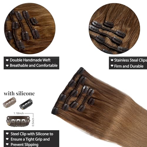 Image of Chestnut Brown Clip ins Hair Extensions Real Human Hair Extension Thick Straight Seamless Invisible No Tangle No Shedding Reusable 5pcs for Women 14 Inch 70g