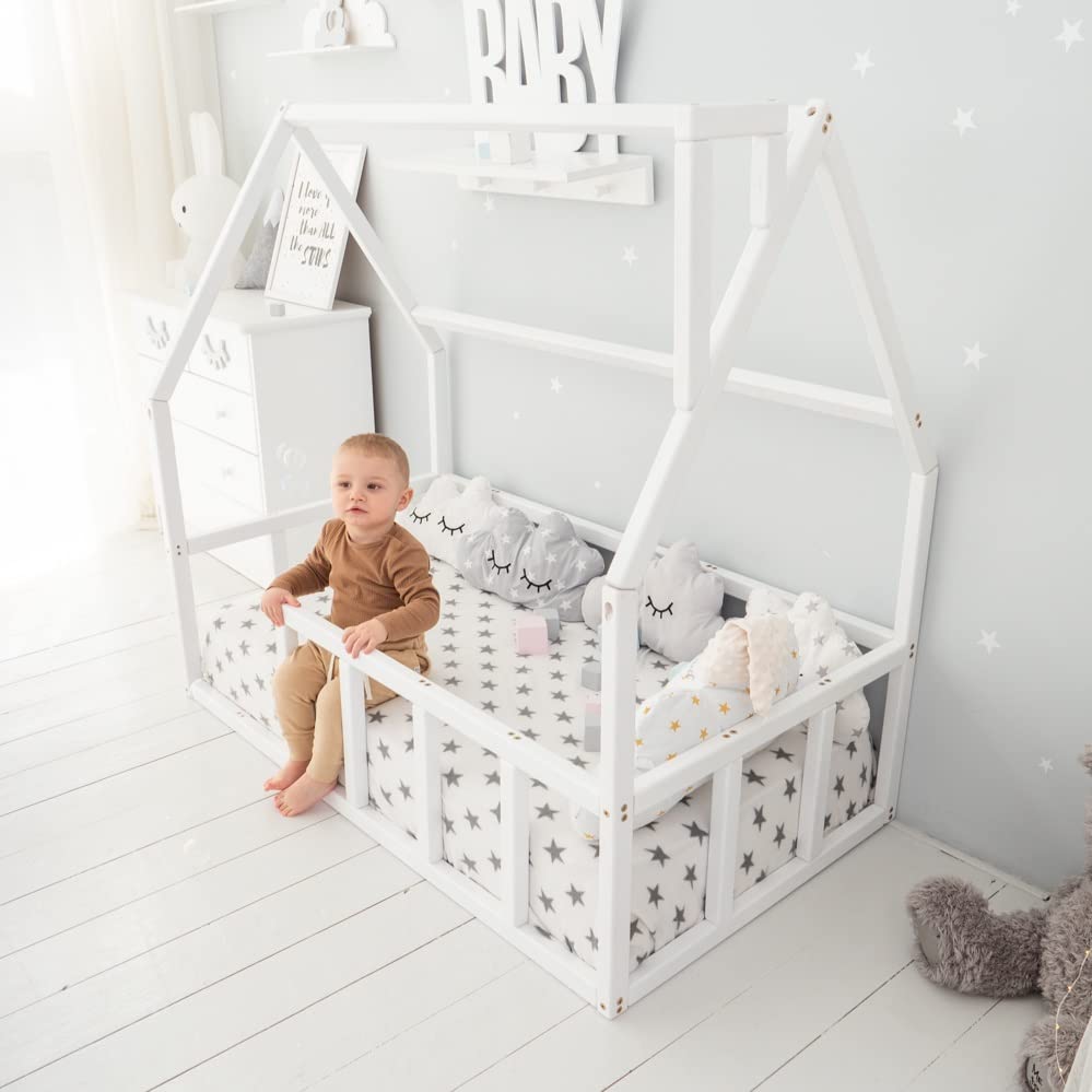 BUSYWOOD House Bed for Kids – Toddler House Frame Montessori Crib, Twin, Full, Queen Bed, White (FLOOR BED FOR SLEEPING ONLY)