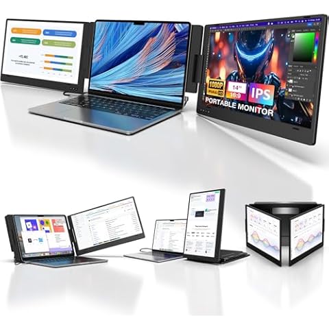 KYY Portable Monitor for Laptop, 14'' FHD 1080P USB-C Triple Laptop Screen Extender IPS Computer Display, Dual Monitor for Extra Screen, Travel Monitor for 12"-16" Laptop, X90A (Mac, Wins, Android) Cover