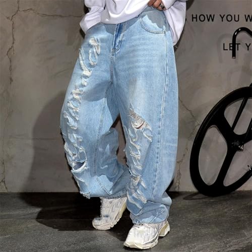Men’S Hip Hop Baggy Straight Cotton Pants Button Fly Light Distressed Vintage Wash Ripped Streetwear Full Length Jeans3