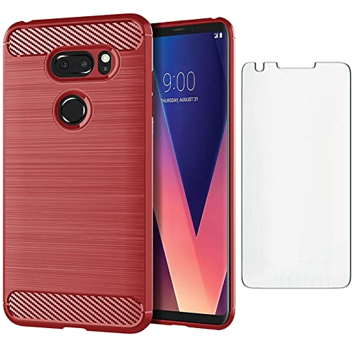 Asuwish Phone Case for LG V35 ThinQ V30 Plus with Tempered Glass Screen Protector Cover and Slim Accessories Silicone TPU Protective LGV30 LGV35 LG30 LG35 V 30 35 V30+ V30s 30+ H931 Carbon Fiber Red