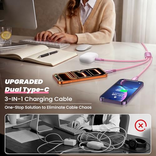 Image of 3 in 1 Multi Charging Cable for Multiple Devices with 2 USB-C /IP, 2Pack4FT