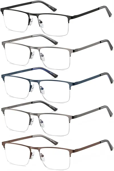 EYECEDAR 5 Pack Blue Light Blocking Reading Glasses Men Computer Eyeglasses Metal Half Frame Spring Hinges Readers for Men 2.00