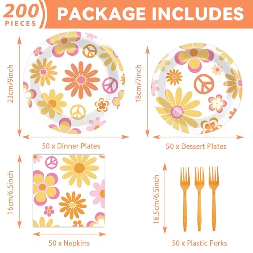 Image of ZOIIWA 200 PCS Groovy Birthday Tableware Disposable Hippie Daisy Flower Plates Napkins Party Supplies 60s 70s Two Retro Boho Dinnerware Set Hippie Party Baby Shower Decoration Serve 50 guest