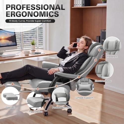 Image of BestGlory Office Desk Chair, Big and Tall Leather Gaming Chair with Footrest, Ergonomic Comfy Executive High-Back Reclining Computer Chairs, Wide Swivel Rolling Wheels and Padded Lumbar Support, Gray