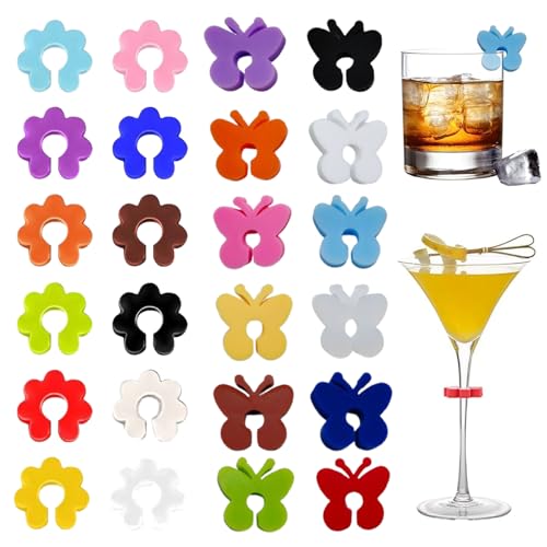 Silicone Wine Glass Charms Markers - Upgraded 24PCS Drink Markers/Silicone Butterfly & Plum Blossom Drink Markers Glass Identifiers for Wine Glass, Party Cup Identifiers Beer Glass Cup Label Tags for Bar Party Cocktail Champagne Martinis Flutes Glasses