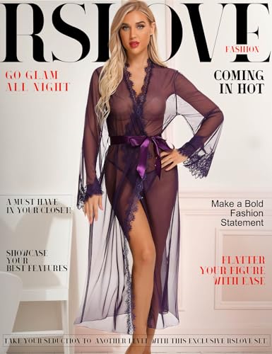 Image of RSLOVE Lingerie for Women Sexy Long Lace Kimono Robe Mesh Chemise Lace Gown Swimsuit Cover Up