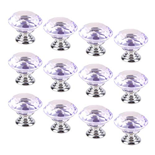 CSKB 12 PCS 30mm Purple Crystal Glass Cabinets Drawers Dresser Knobs,Bathroom Kitchen Cabinet Diamond Shaped Pull Handle Knob