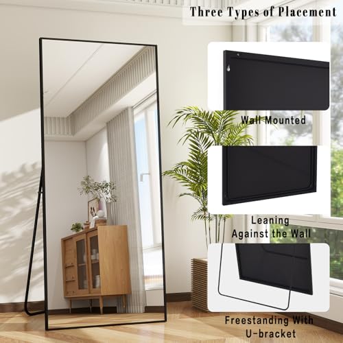 Image of BEAUTYPEAK Full Length Mirror with Stand, 65 inchx24 inch Floor Mirror with Aluminum Alloy Thin Frame, ShatterVue Tempered Full Body Mirrors, Free Standing or Wall-Mounted Mirrors for Living Room, Black