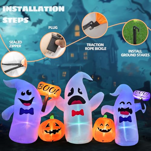Image of 8FT Long Halloween Inflatable Ghosts and Pumpkins, 3 Blow Up Ghosts Inflatables with 2 Pumpkin Built-in LED Lights for Halloween Party Yard Garden Lawn Decorations