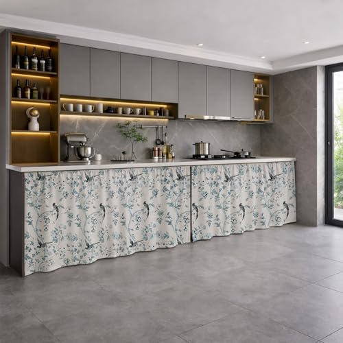 Image of LINENWALAS Under Sink Curtain for Kitchen - Pack of 2 | 150x70 cm Cotton Under-Sink Cover | Washable Storage-Hiding Curtain with Rod Pocket | Kitchen & Bathroom Cabinet Cover (Bird Paradise)