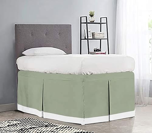 OnlineChoiceSheet Light-SageWhite Two Tone Split Corner Tailored Dorm Room Bed Skirt with Three Side Coverage in Full Size (54" x 80"+ 30" Inch)