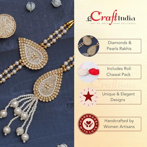 Image of eCraftIndia Diamonds, Pearls Designer Bhaiya Bhabhi Rakhi Set with Roli Chawal Pack -