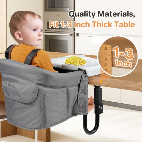 Image of Ezebaby Hook on High Chairs, Secure Clip on High Chair for Baby, Compact Fold-Flat for Easy Storage, Fast Table Chair with Baby Seat, Portable Highchair Attaches to Table for Travel, Grey, with Tray