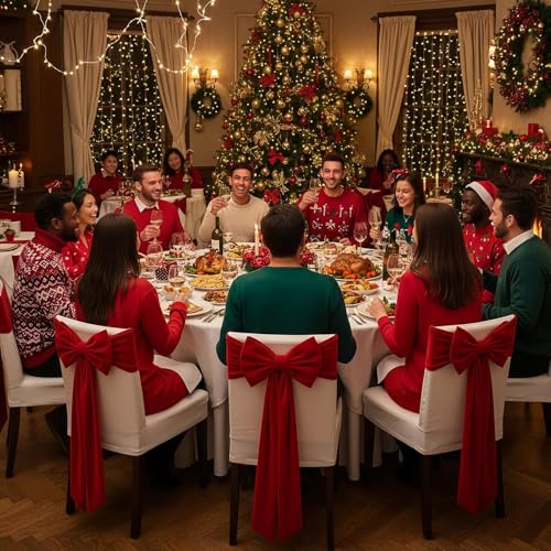 Bandas para sillas decorativas rojas de encaje para banquetes y fiestas de Navidad 4