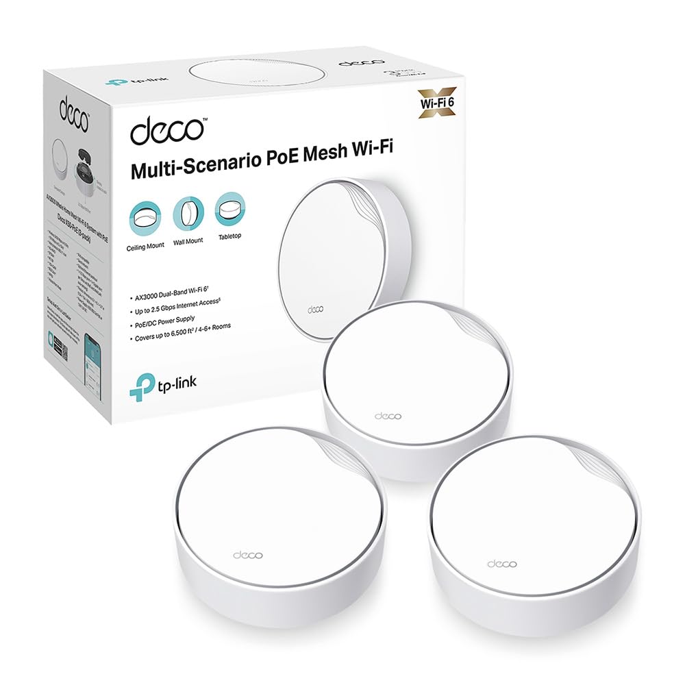 TP-Link Deco X50-PoE Router Mesh WiFi 6, AX3000Mbps Dual Band, Poe(Alimentazione Tramite Ethernet), Porta Ethernet da 2,5 Gbps, Ripetitore WiFi, Access Point, Alexa, 3 Pezzi con Copertura Fino a 600㎡