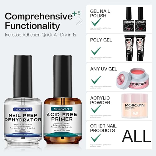 Morovan Nail Prep Dehydrator and Primer: Professional Natural Acid-Free Primer & Dehydrate Gel Nail Polish Protein Bonding Fast Air Dry for UV Poly Gel Polish Acrylic Powder 15ml - Image 4
