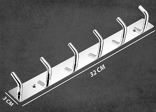 Image of Stainless Steel Cloth Hooks for Wall, Clothes Hook Hangers Door Mounted, Wall Mount Shirt Hanging Hangers, Dress Holder Pegs - 6 Pin-XL, Pack of 1, Silver