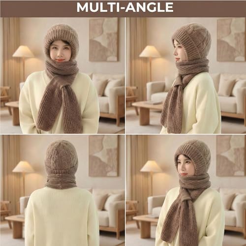 Image of Kraptick Women's Winter Cap and Scarf Set - Thick Fleece Lined Knitted Beanie Hat and Neck Warmer Muffler for Ladies, Soft & Stretchable Woolen Snow Proof for Extreme Cold -4