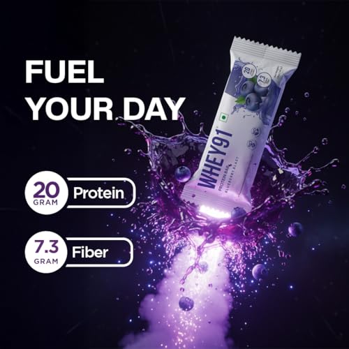 Image of Whey91 Blueberry Blast Protein Bar, 20g Protein & 7.3g Fiber in each, No Added Preservatives, No Artificial Flavour, 390g- (Pack of 12)