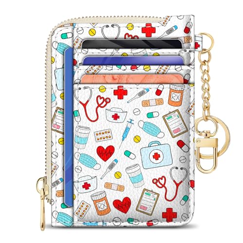 Image of GIANCOMICS Slim Wallet Credit Card Holder Women, Nurse Rfid Blocking Small Card Case, Keychain Thin Pocket Curved Zipper Wallet, Travel Card Holder PU Leather ID Window, Ladies Female Gifts