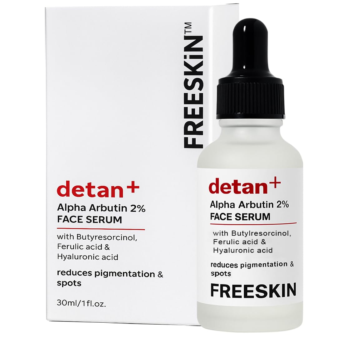 Free Skin De-Tan Face Serum with 2% Alpha Arbutin, Butylresorcinol, Ferulic Acid & Hyaluronic Acid | Targets Pigmentation, Dark Spots & Sun Tan | Brightens, Evens Skin Tone & Hydrates | For All Skin Types | 30ml