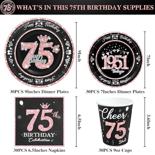 Image of 75th Birthday Decorations Rose Gold, Service for 30, Vintage 75th Birthday Party Supplies Includes Rose Gold 1951 Plates, Napkins,Cups, Plates and Napkins for Women
