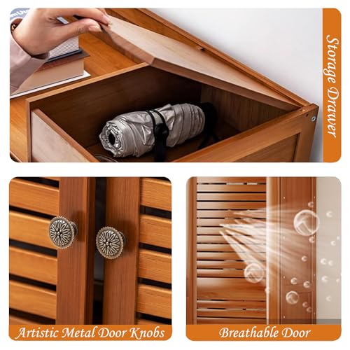 Image of Naayaab Craft Bamboo Shoe Cabinet with Doors, 7-Tier Freestanding Shoe Storage Rack for Hallway, Entryway, Living Room & Office, Brown (62 x 31 x 114 cm)