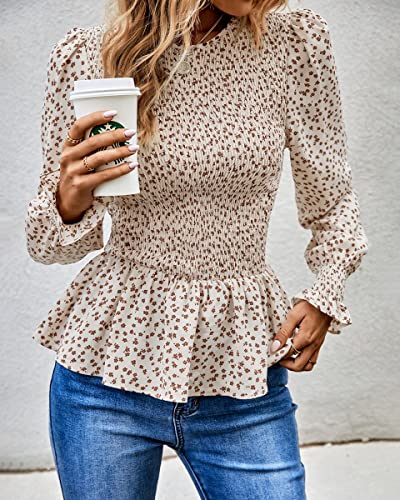 Prettygarden Women's Tops Casual Long Sleeve Crewneck Floral Print Smocked Ruffle Hem Slim Babydoll Blouse Shirt Tunics(Floral Coffee Apricot,Medium) #TOP1