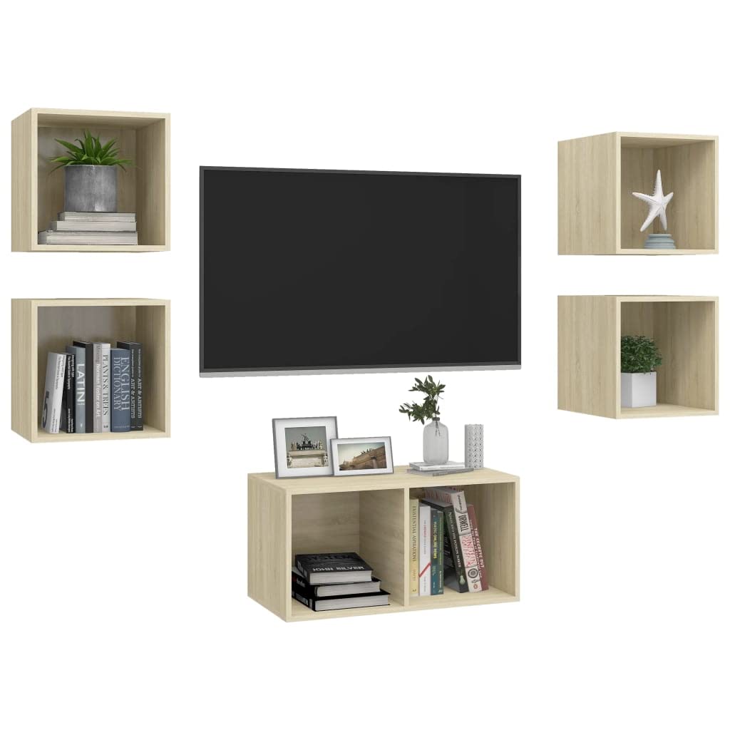 5-TLG. TV-Schrank-Set Sonoma-Eiche Holzwerkstoff, Hängend, Modernes Media-Center für Wohnzimmer, Schlafzimmer, Viel Stauraum
