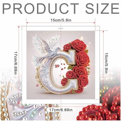 Image of AiYuanzsh 5D DIY Diamond Art Kits for Adults Letter C, Creative Red Rose & Dove Design Special Shape Diamond Painting, Luxury Alphabet Diamond Art for Home Wall Decor 17x17cm