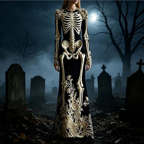 Halloween Dresses for Women 2026 Funny Floral Print Spooky Skeleton Dress - image 2