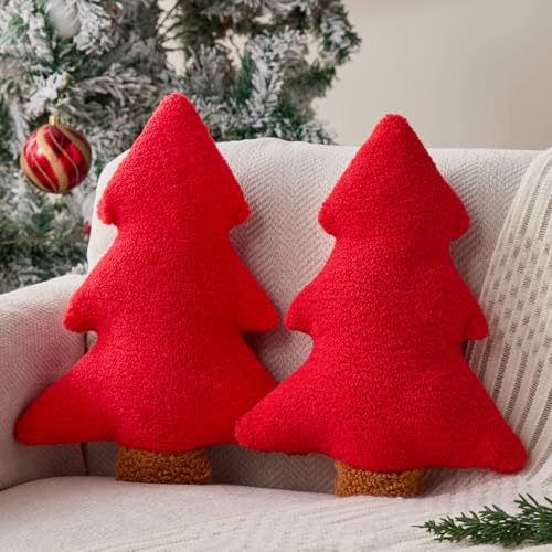 Image of Allorry Christmas Pillows Set of 2 Red Christmas Tree Shaped Soft Plush Christmas Decor Pillow for Party Xmas Winter Holiday Home Sofa Cushion Cases WL-006D