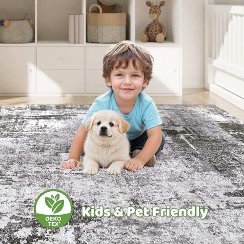 7x9 Area Rug Living Room: Machine Washable Large Abstract Modern Soft Rugs Stain Resistant Indoor Floor Non Slip Accent Carpet for Bedroom Nursery Playroom Office Dining Room Dorm Home- Black Grey