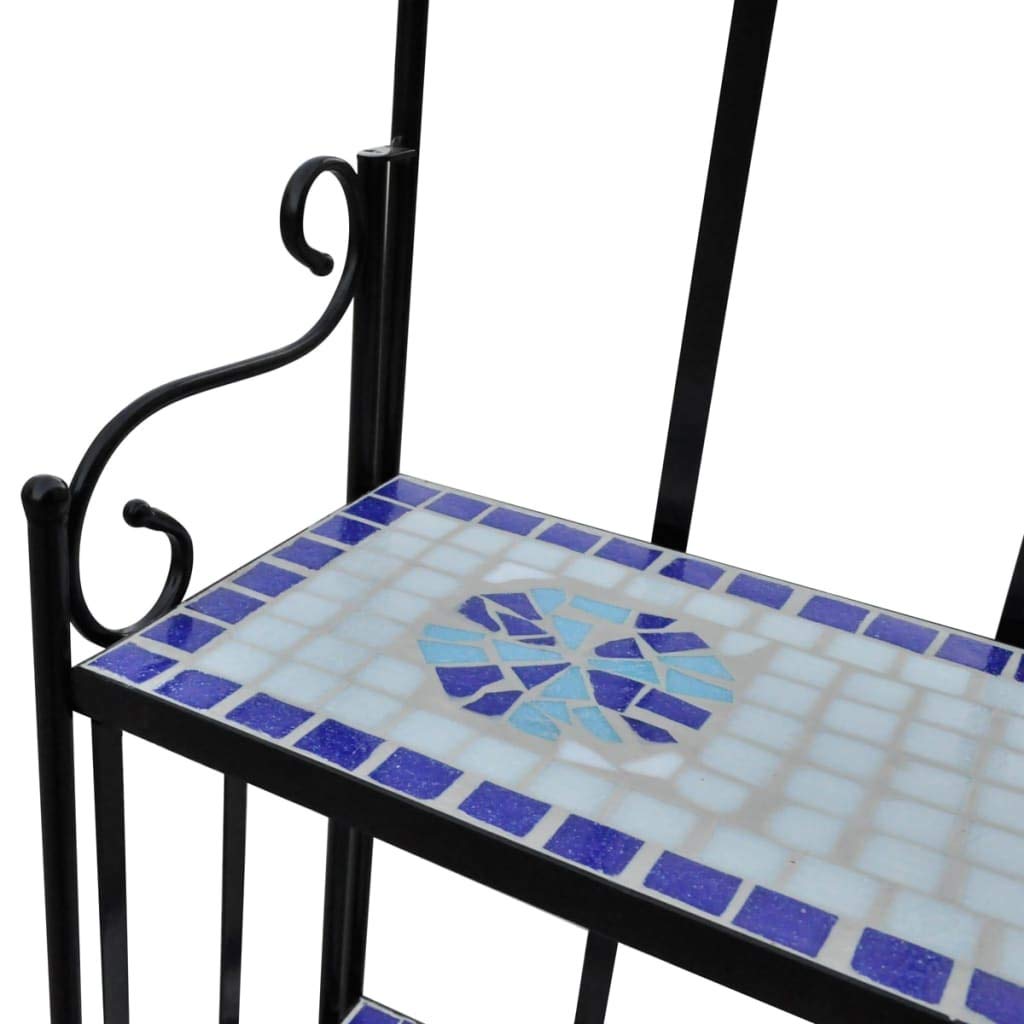 Pflanzenständer 3 Schichten Blau Weiß 115 cm | Gebogenes Eisen Fliesen Keramik Mosaik Garten Balkon Terrasse