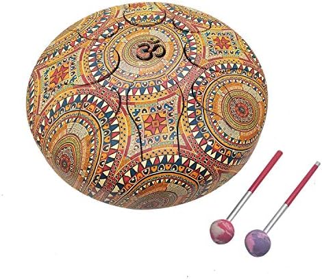 India Meets India Handmade Musical Instrumental – Drum OM Tongue Drum/Tank Drum/Steel Percussion Hangpan Drum/Hand Drum [Multicolor – 9″] with Bag and 2 Matte Sticks